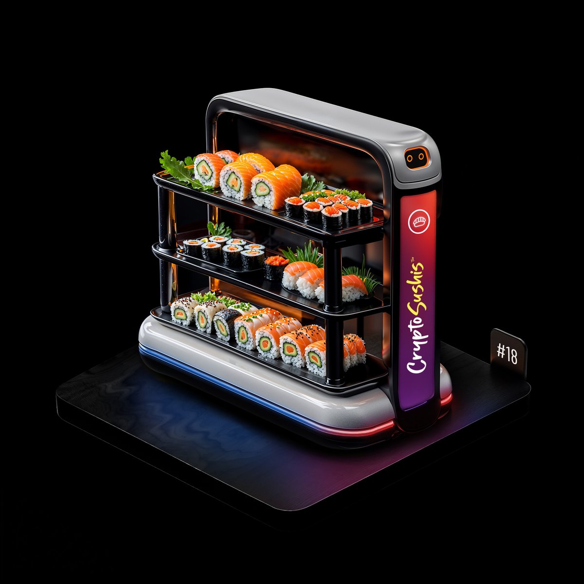 This friendly intelligent robot is on duty 24/7, delivering sushi to its  diners. It has the ability to self-replenish if the restaurant has a  Mini SmartFridge...

👉niftygateway.com/collections/cr…
-- 
#NFTs #NFTCollections #NFTNYC #nftcollector