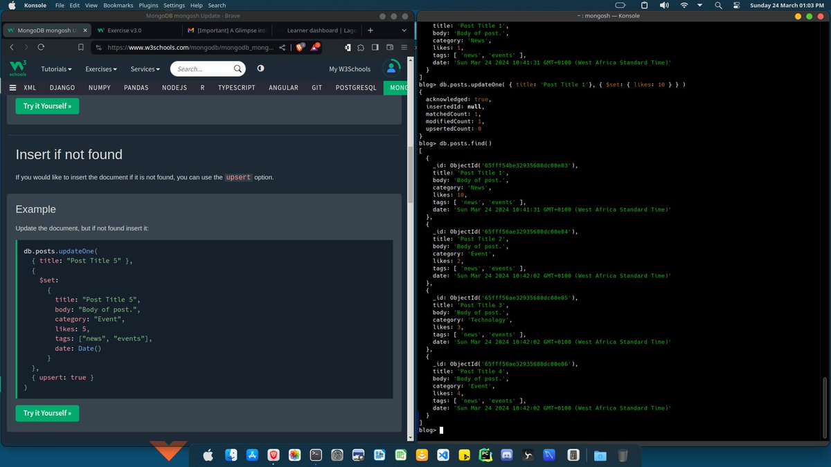 0xGideonBature's tweet photo. #Day12 of #100DaysOfALXSE! 🚀 Set up MongoDB on my Linux, mastered database & collection management, and dove into CRUD operations, also grasp the concept of Data Intergrity using validator & combining DB operations using Aggregate functions. Thanks to w3schools exercises.📚💾 https://t.co/KWBmBa2XHG