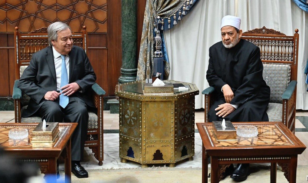 antonioguterres's tweet photo. A major moment of my Ramadan solidarity mission was being received by the Grand Imam of Al-Azhar @alimamaltayeb in Cairo.

His permanent engagement to foster peace &amp; solidarity must be an example to all - now more than ever. https://t.co/u10LkeOwAH