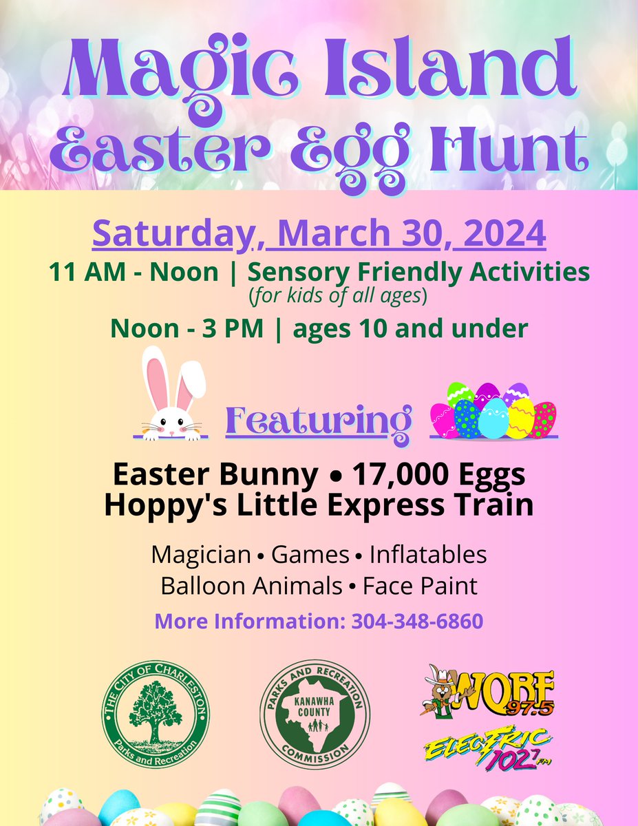It's almost time for the Magic Island Easter Egg Hunt! 🐰 Join Charleston P&R and @kanawhaus P&R for a fun-filled afternoon -- Saturday, March 30!