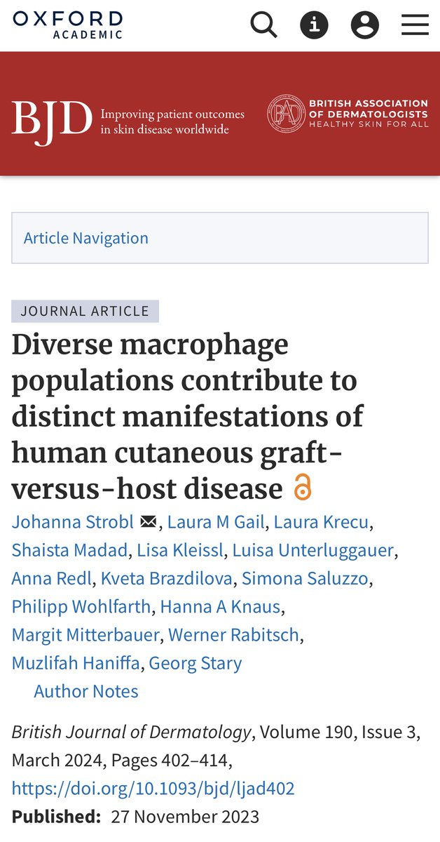 In this translational study, the authors characterize the identity, origin, and functions of mononuclear phagocytes in human cutaneous graft-versus-host disease and examine how they contribute to distinct manifestations of illness. doi.org/10.1093/bjd/lj…