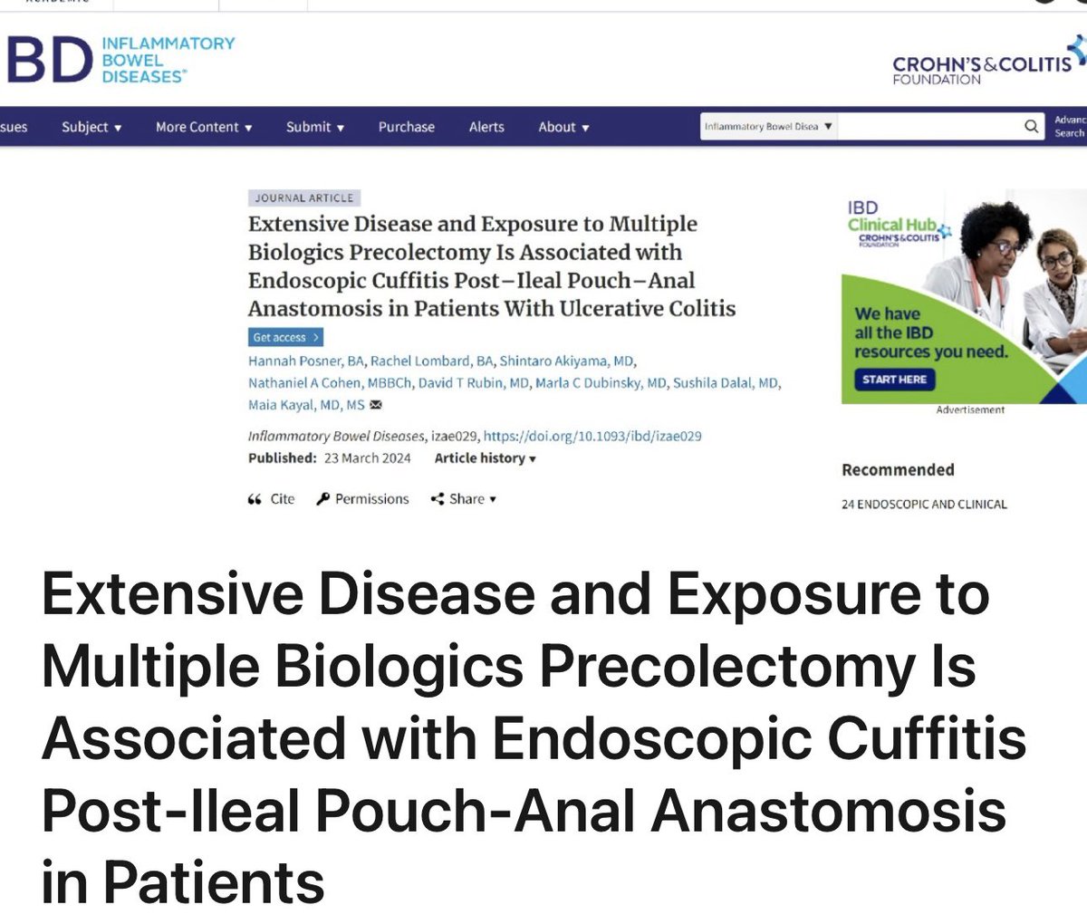 Manar Askar (@manaraskar1) on Twitter photo Extensive Ulcerative Colitis and Exposure to Multiple Biologics precolectomy is associated with Endoscopic Cuffitis in IPAA patients.
#IBD
<a href="/CrohnsColitisFn/">Crohn's & Colitis Foundation</a>
<a href="/MayoClinicGIHep/">Mayo Clinic Gastroenterology & Hepatology</a> Extensive Ulcerative Colitis and Exposure to Multiple Biologics precolectomy is associated with Endoscopic Cuffitis in IPAA patients.
#IBD
<a href="/CrohnsColitisFn/">Crohn's & Colitis Foundation</a>
<a href="/MayoClinicGIHep/">Mayo Clinic Gastroenterology & Hepatology</a>