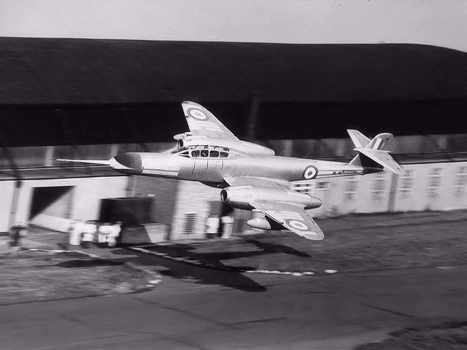 Sqn Ldr ‘Dickie’ Millward AFC flying a Meteor NF.11 between hangars at RAF Holme-on-Spalding Moor in 1966, celebrating his final day in the RAF. Dickie was an 'old boy' at my old ATC Squadron in Chichester. He was quite a character who flew the BAC 221 experimental delta.