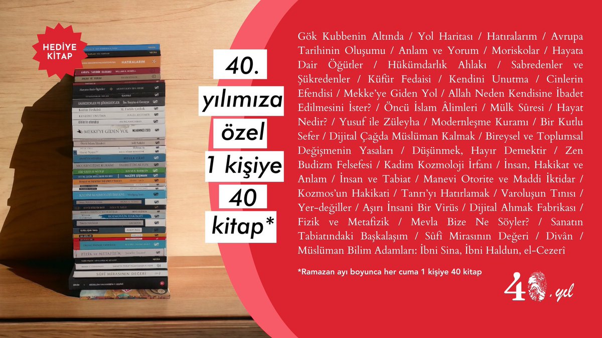 KİTAP HEDİYESİ!📚

Ramazan ayı boyunca her cuma günü kitap hediyemiz devam ediyor! 

Bu gönderiyi paylaşan 1 takipçimize görseldeki 40 kitabı hediye ediyoruz!

Kazanan 29 Mart Cuma günü açıklanacaktır.