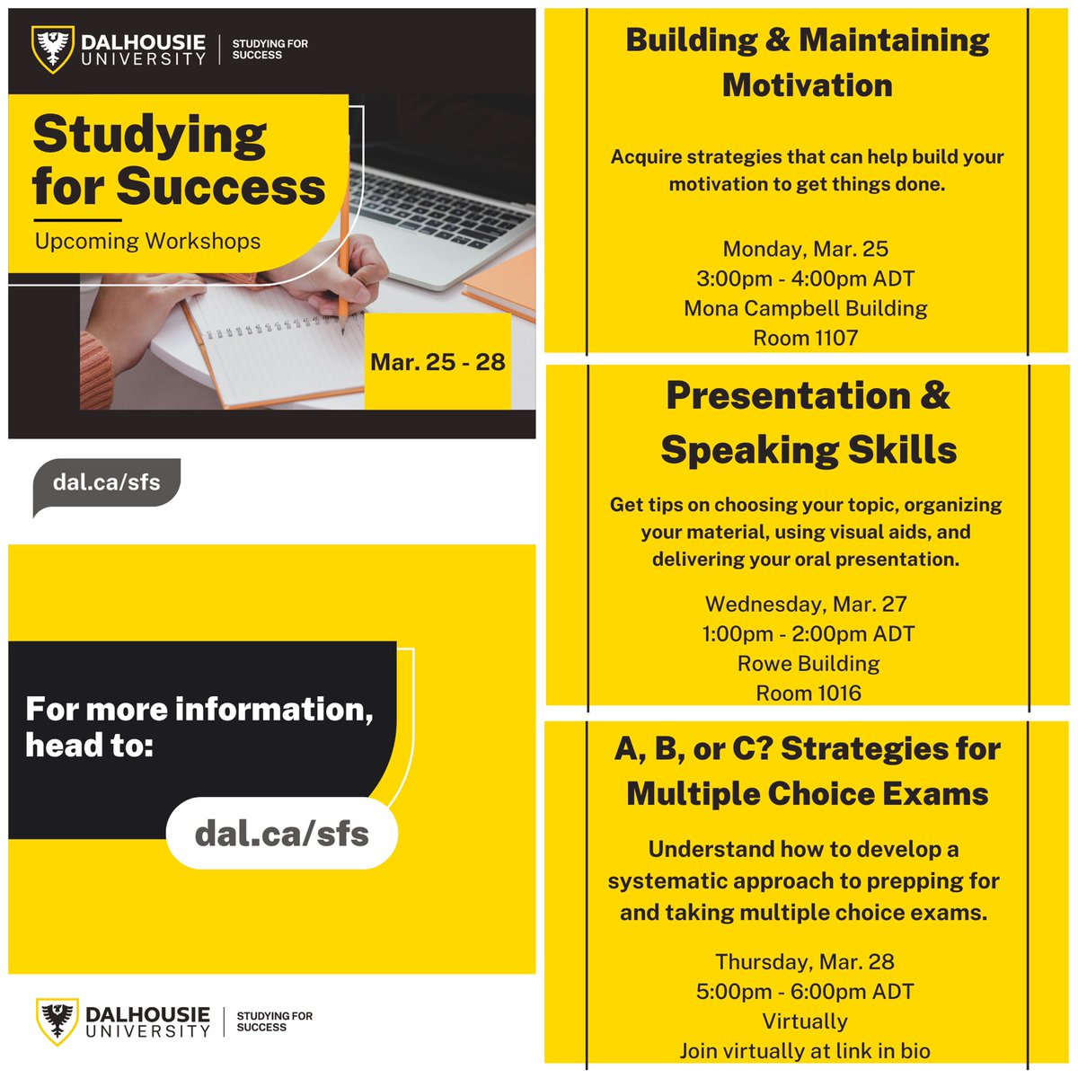 DalStudySuccess's tweet photo. Got lots of schoolwork to do? Need some motivation? Want to learn to study smarter? Then let us help you learn how to learn. #StudentSupport #StudentSuccess #DalhousieU #DalhousieUniversity #DalStudentLife #StudentLife #DalStudentSuccess #StudySmarter #DalhousieStudying https://t.co/K6zmc4uaIO
