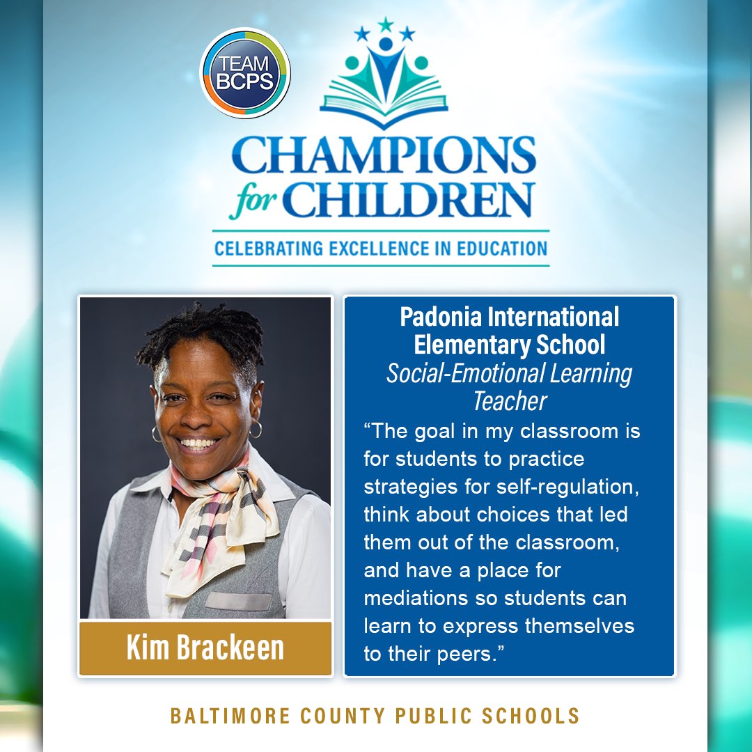 🎉 Meet Kim Brackeen, #TeamBCPS Elementary School Teacher of the Year and 2024-2025 BCPS Teacher of the Year Finalist! @PadoniaPride ✨ Join us on Thursday, April 18, for our livestreamed Champions for Children awards gala! Learn More ➡ ow.ly/2rjc50QZBmq