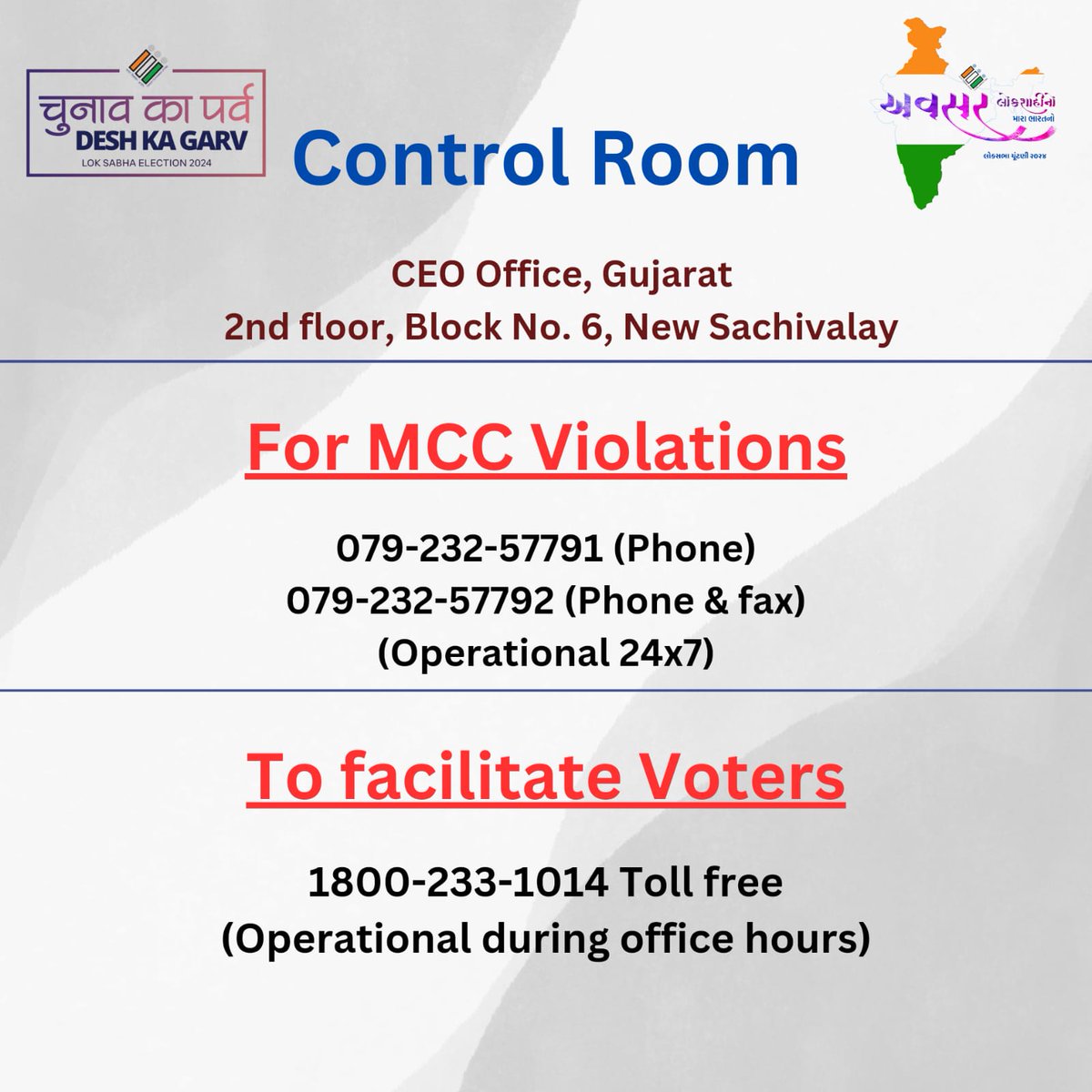 લોકસભા ચૂંટણી ૨૦૨૪ ના અનુસંધાને આદર્શ આચાર સંહિતાના ભંગ અંગે ફરિયાદ તથા મતદારોની સહાયતા માટે મુખ્ય નિર્વાચન અધિકારી, ગુજરાત દ્વારા કંટ્રોલ રૂમ કાર્યરત
#IVoteforSure #MeraVoteDeshkeliye #ChunavKaParv #DeshKaGarv #Election2024 #EveryVoteCounts #DemocracyMatters #VotingRights