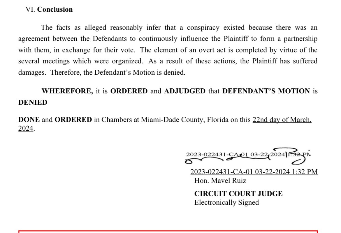 Update in lobbyist Manuel Prieguez’s lawsuit accusing former Miami commissioner Alex Díaz de la Portilla & 2 associates of a “shakedown” scheme — Circuit Judge Mavel Ruiz has denied Humberto “Bert” Hernandez’s motion to dismiss. Background on case: miamiherald.com/news/local/com…