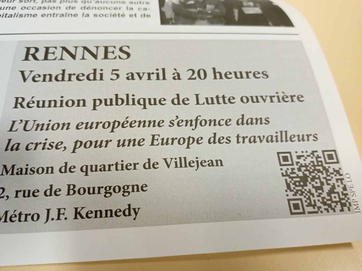 Réunion publique de #LutteOuvriere à #Rennes vendredi 5 avril à 20h à la maison de quartier de villejean, métro Kennedy : l'Union européenne s'enfonce dans la #crise, pour une #Europe des #travailleurs