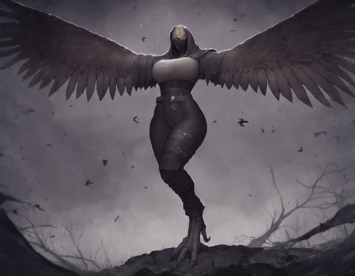 PugglesAI's tweet photo. I had this idea for a "crow woman", decided to throw some Elden Ring theming in with some ideas from Darkest Dungeon, and this is the result. https://t.co/GA9fSziS5A