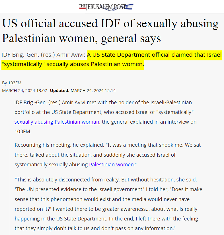 BREAKING: A senior US State Department official has confirmed that the Israeli regime and military are systematically raping Palestinian women. This has shocked the genocidal Israeli regime who demanded they not say this publicly and are now trying to get her fired