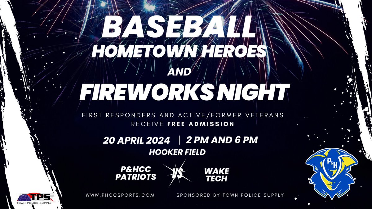 Support the Patriots and enjoy a baseball game followed by a fireworks show at Hometown Heroes Fireworks Night! Sponsored by Town Police Supply. First responders and veterans receive free admission. @PHCCAthletics @waketechcc Purchase Tickets: square.link/u/rNohGOfc?src…