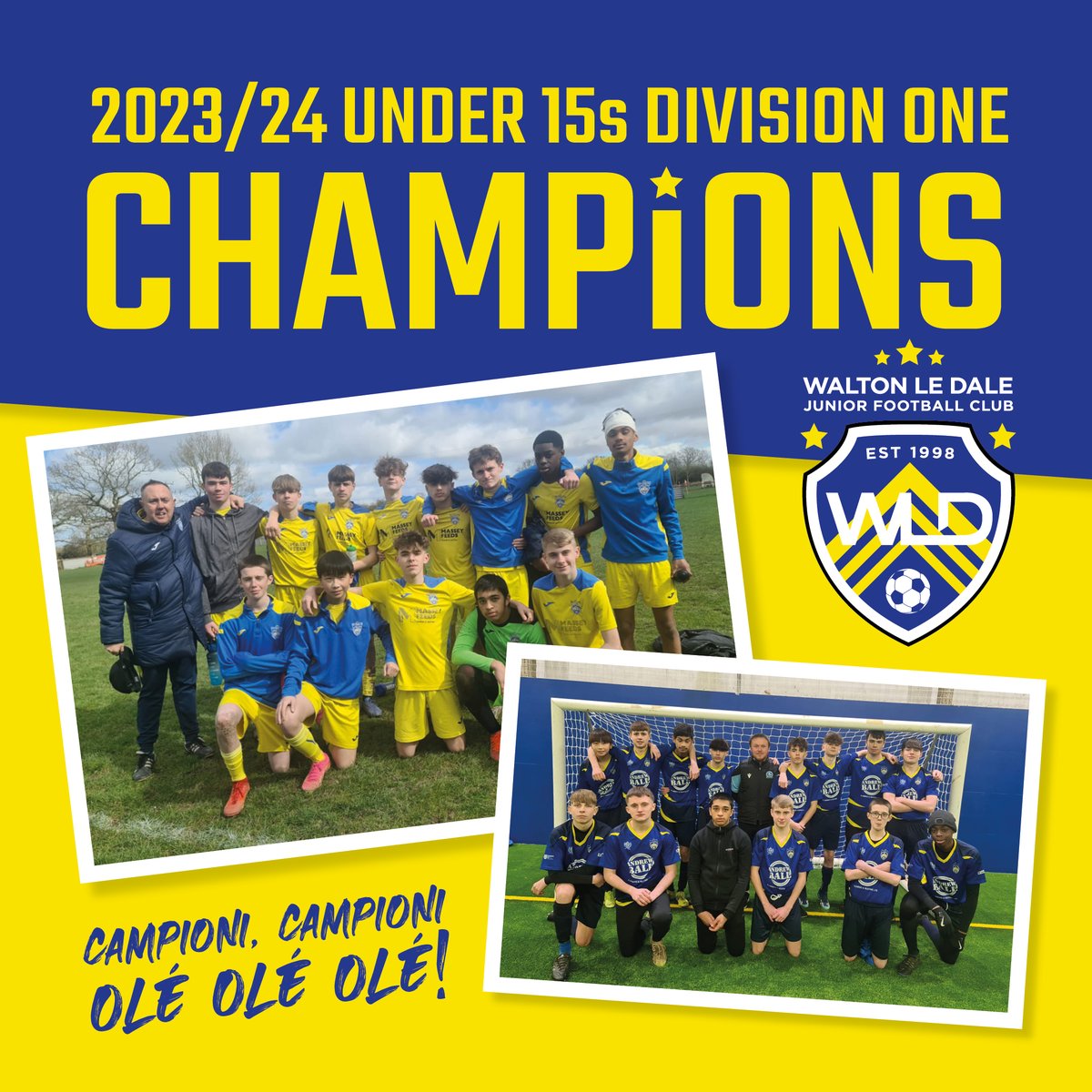 Huge congratulations to our Under 15 boys team who chalked up yet another win on the road today, and moved 10 points clear with three games left to play... confirming their place as Division One Champions 2023/24! Well done lads - we couldn't be more proud of you. 🏆💛⚽️
