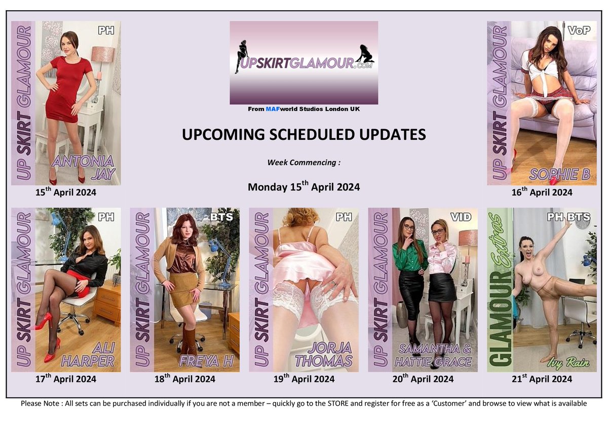 Releases coming up on UpSkirtGlamour.com from @MAFWorld 🗓️ W/C: Monday 15th April 2024 🚺 @Antoniajay11 @Sophiebmodel @AliHarrperr #FreyaH #JorjaThomas @Peachysamantha1/@_HattieGrace_ @LittleMissIvyy 🛒 upskirtglamour.com/vod/ 🙌 @Page3Classics @bringbackpage3