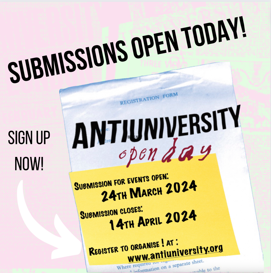 And… we’re on! Submissions for Antiuni Open Day on 4 May are now open on festival.antiuniversity.org/register Register your event by until 14 April to be included. Events around themes of change, transition and distribution of power encouraged!