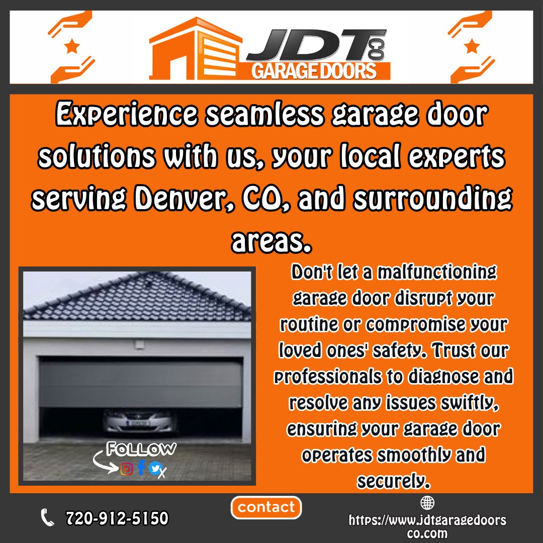 🛠️ Is your garage door acting up? Don't fret! Trust the local experts at JDT Garage Doors CO to solve all your garage door woes in Denver, CO, and nearby areas.

#GarageDoorServices #DenverCO #GarageDoorPanelReplacement #UpgradeYourSpace #GarageDoorRepair #ExpertService

1/2