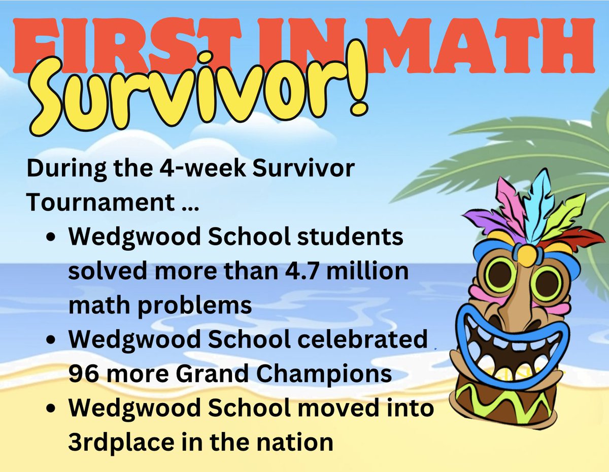 Our 4-week long @FirstInMath Survivor Tournament has come to an end. Congrats to Mrs. Calandra's 1st grade class and Mrs. McGough's 5th grade class for outlasting all other teams. Way to go!! #wedgwoodelem
