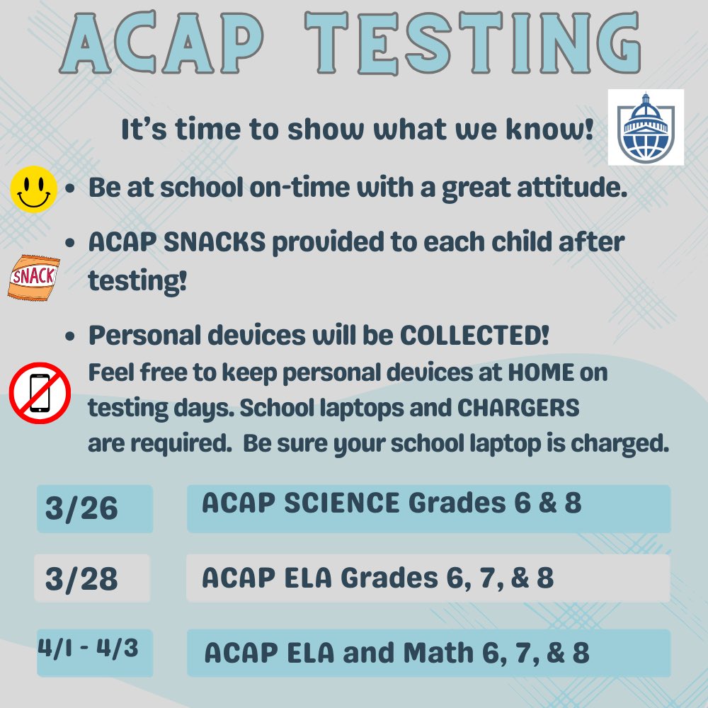 ACAP Testing begins this week! Our students have done a phenomenal job each year, and we know they will do great again this year. Let’s get to school on-time and ready to do our best! #bartonexplorers #undertheBartondome