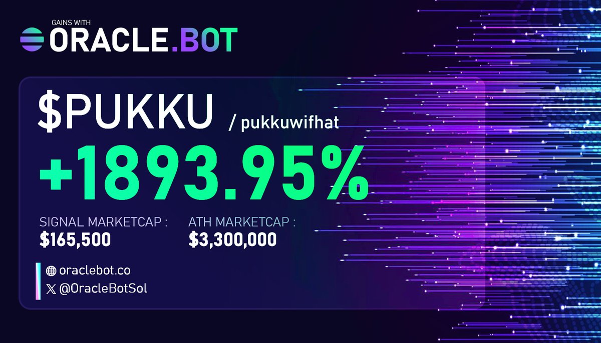 Oracle.Bot (@oraclebotsol) on Twitter photo $PUKKU <a href="/pukkuwifhatsol/">Pukkuwifhat</a>
🎯Signal : 165.5k
📈ATH : 3.3M
💸Profit : x19.93
👉Hold 1000 $ORACLE to get access to the bot : dexscreener.com/solana/gqkhnbz… $PUKKU <a href="/pukkuwifhatsol/">Pukkuwifhat</a>
🎯Signal : 165.5k
📈ATH : 3.3M
💸Profit : x19.93
👉Hold 1000 $ORACLE to get access to the bot : dexscreener.com/solana/gqkhnbz…