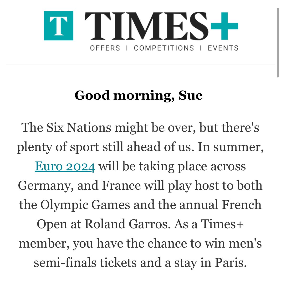 sueanstiss's tweet photo. A personalised email from @thetimes to annoy me this morning. 

The men’s Six Nations might be over, but the women’s has just started… and I’d rather win tickets to the women’s semi-finals at the French Open than the men’s. 

Sadly it’s all a bit unsurprising. https://t.co/gNJSyR719q