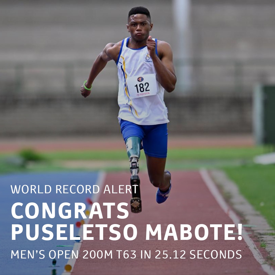 That’s a new World Record!🏅 Congrats to Global Team Toyota Athlete Puseletso Mabote for setting a new world record time of 25.12 seconds, surpassing his own personal best of 25.81 seconds, in the Men’s Open 200m at the 2024 SASAPD National Championships 💪 #StartYourImpossible