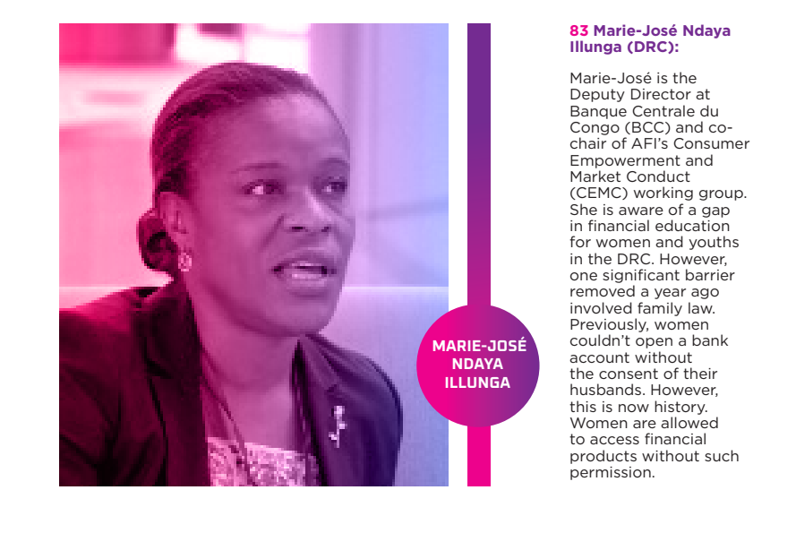 2024 Top 100 #WomenInFinTech 👇👇 83. Marie-José Ndaya Ilunga (DRC): Marie-José, Deputy Director at @BanqueCongo and co-chair of AFI’s Consumer Empowerment and Market Conduct (CEMC) working group, addresses financial education gaps for women and youth in the DRC. |