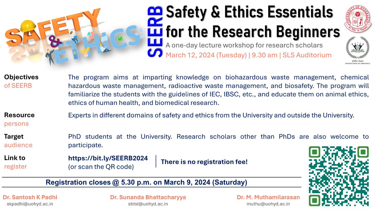 PSpoojashukla's tweet image. Glad to be part of the one-day lecture workshop on &apos;Safety and Ethics Essentials for the Research Beginners&apos; #SEERB2024, organized at @HydUniv.
A series of talks and interactions with the experts in the domain of research safety and ethics was indeed an informative delight!☣️☢️