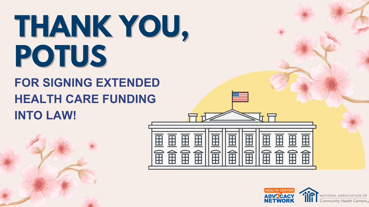 HCAdvocacy's tweet image. Thank you, @POTUS, for signing extended health care funding into law! 🌸🏛️

Investing in Community Health Centers strengthens the backbone of the safety net which cares for 31.5M+ patients. Not only that, it builds up the talented health care workforce of the future! #ValueCHCs