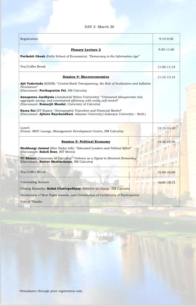Gonna be a great Good Friday weekend!! Psyched to be organizing this doctoral conference at <a href="/IIM_Calcutta/">IIM Calcutta</a> for Econ PhD students. Two fantastic plenary speakers, fabulous discussants and a promising set of papers from the brightest young scholars across the country. #EconTwitter