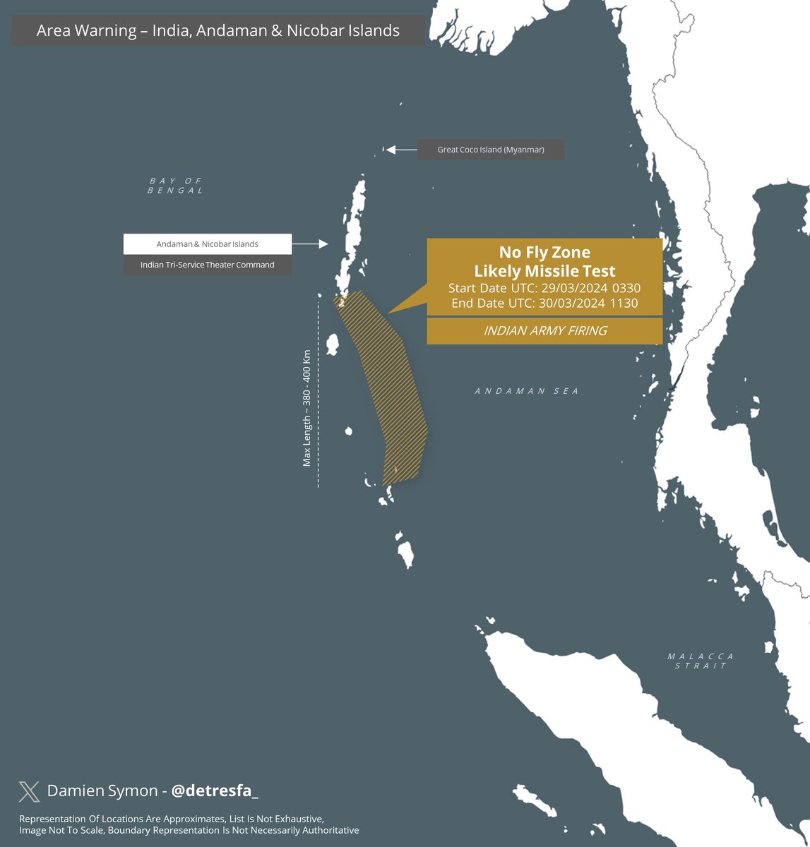 #AreaWarning #India issues a notification for a no fly zone around the Andaman & Nicobar Islands, near the Malacca Strait, for an Army Firing Exercise Dates | 29-30 March 2024