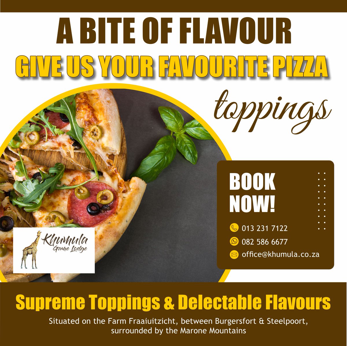 KhumulaL's tweet photo. TakeAways: Wood Fire Pizza
Tell us your favourite pizza toppings, or share a photo of your Khumula pizza feast in the comments below. Let's ignite the flavour together!
#KhumulaGameLodge #WoodFiredPizza #TakeawayDelights #HashtagOnline #nature #relax https://t.co/O1rR2ifoB7