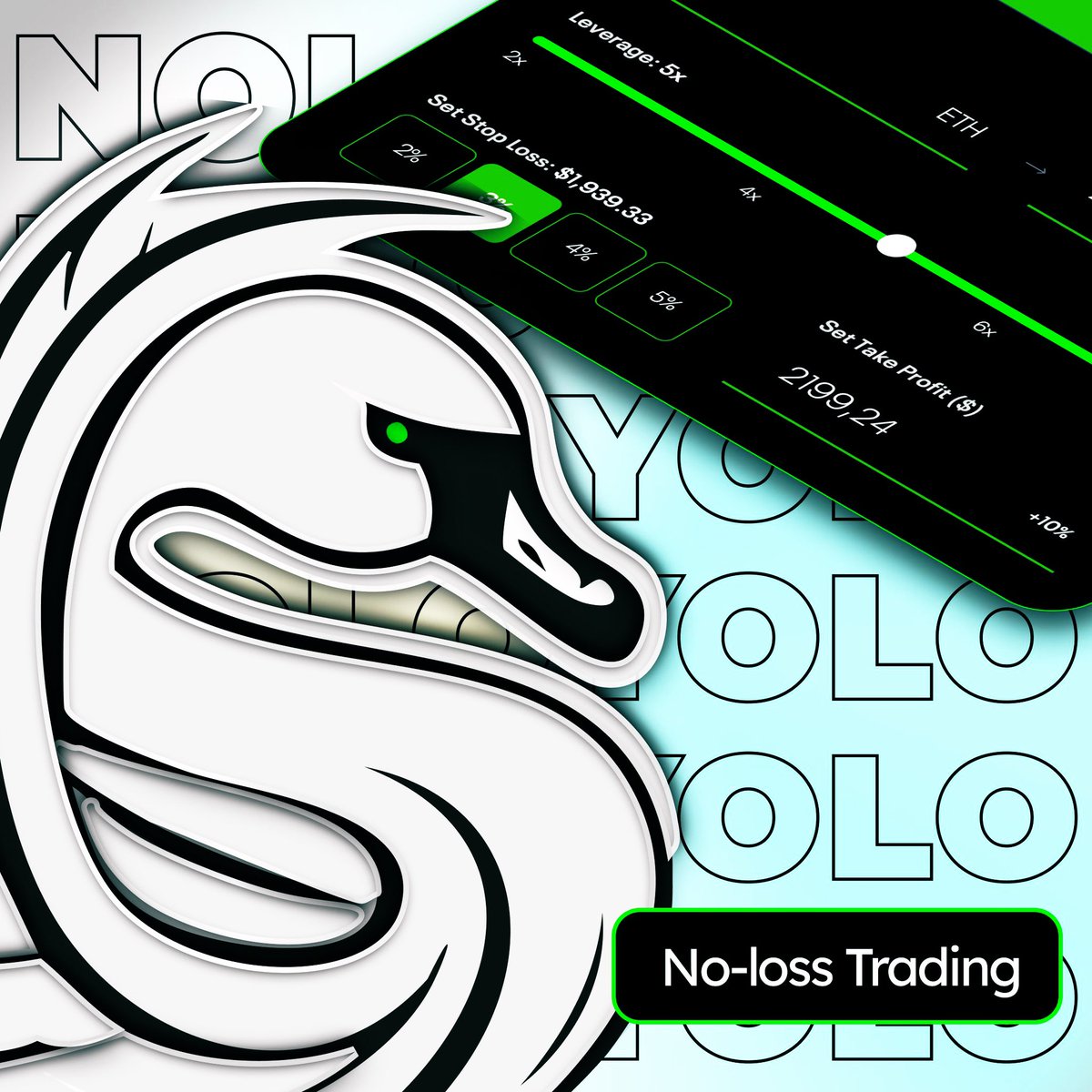 new DeFi primitive: no-loss trading

trade $ETH with up to 8x leverage

if stop-loss is hit u receive fixed payout

wen takin' profits pay a share of P&amp;L

never lose money on leveraged trading

1. join NOLOYOLO discord: discord.gg/EXthWRqH 🦢

2. drop ur Arbitrum address 4 WL