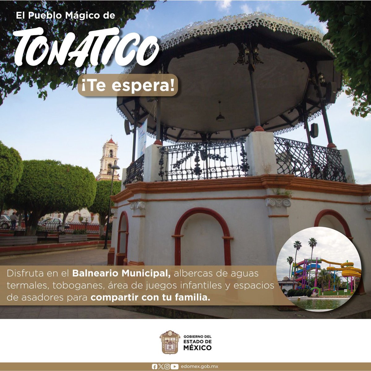 SaludEdomex's tweet photo. Si tu destino para descansar son los #PueblosMágicos en el #EstadoDe México, no dejes de visitar en #Tonatico el Balneario Municipal.
¡Niños y adultos pagan menos! https://t.co/k8iSNS4rMU