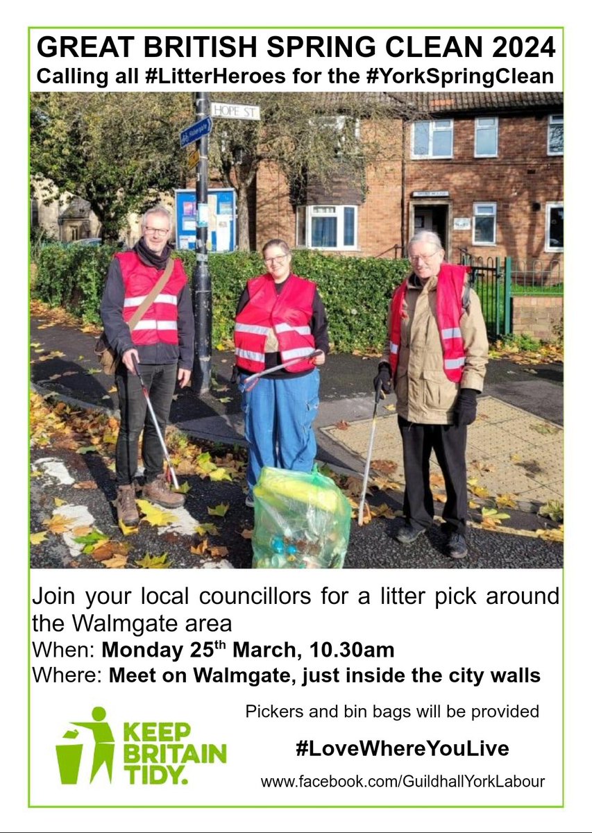 Rachel Melly (@rachel_melly_) on Twitter photo It's time for the <a href="/KeepBritainTidy/">Keep Britain Tidy</a> #GBSpringClean!
Join Guildhall cllrs for litter picking in the Walmgate area tomorrow (Monday).
We'll start at Walmgate Bar at 10.30am and clean up Navi Rd, Hope St, etc. The more people come along the wider area we can cover!
#LoveWhereYouLive It's time for the <a href="/KeepBritainTidy/">Keep Britain Tidy</a> #GBSpringClean!
Join Guildhall cllrs for litter picking in the Walmgate area tomorrow (Monday).
We'll start at Walmgate Bar at 10.30am and clean up Navi Rd, Hope St, etc. The more people come along the wider area we can cover!
#LoveWhereYouLive