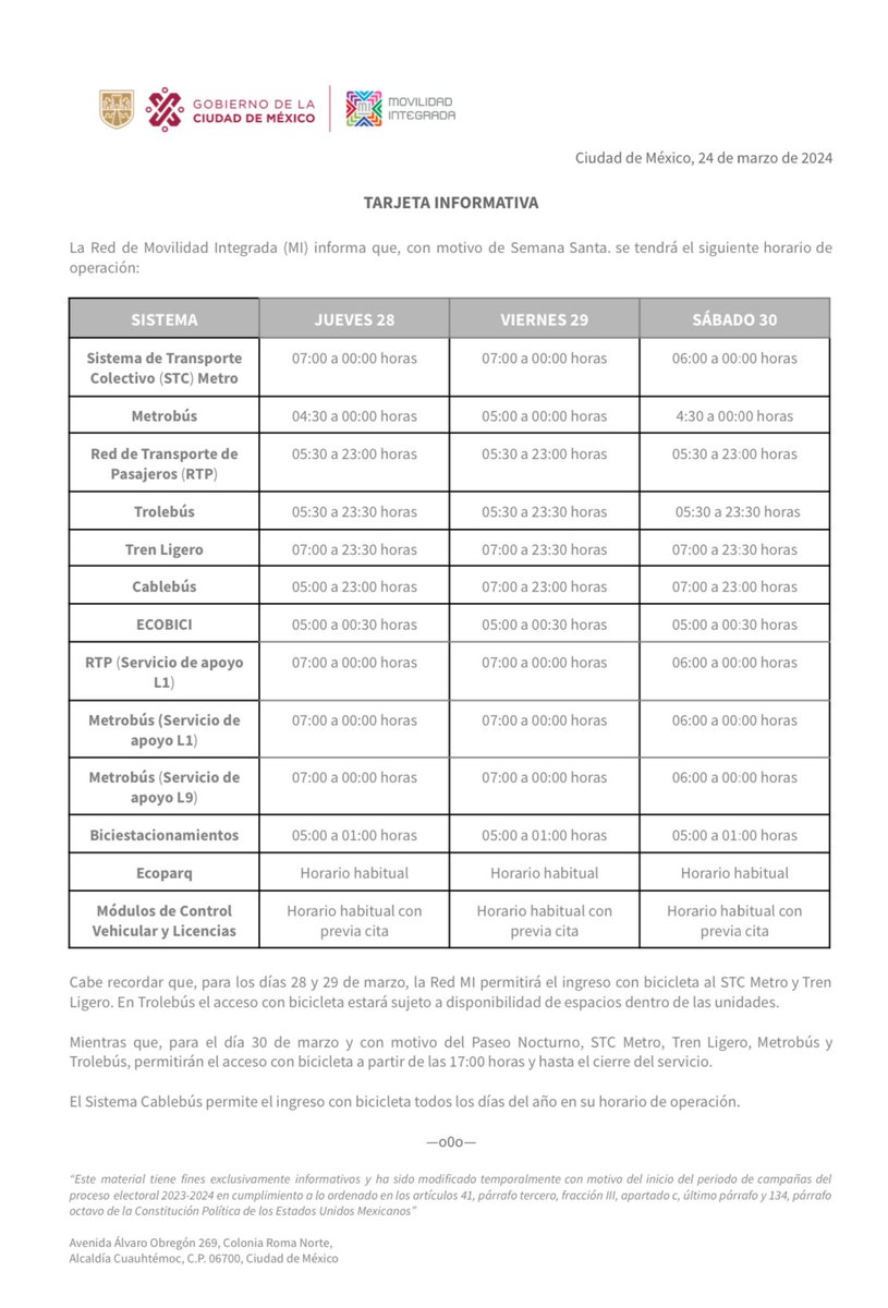 LaSEMOVI's tweet photo. ¿Te quedas en la Ciudad? ☀️

Revisa aquí los horarios que tendrá la Red de #MovilidadIntegrada para Semana Santa 👇🏽 https://t.co/0JSvomCxSa