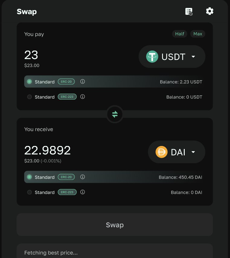 Dex_223's tweet photo. Lost tokens, frustrated users—these are the consequences of ERC-20's flawed transaction handling. 

Now we provide solutions with #ERC223 on https://t.co/gwlgnLNBR7 

Development is progressing fast. Trial version of #Dex223 contracts live on Testnet💪

Take a look at the UI 👀 https://t.co/XSEVAWNFNE