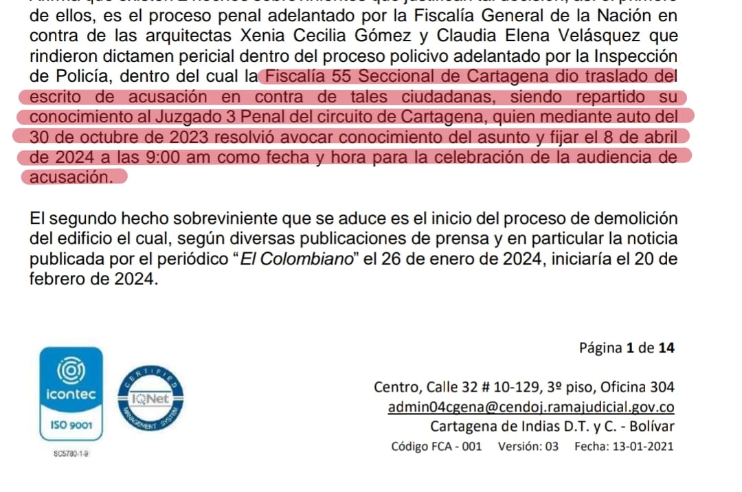 Lo que no dice es que Aquarela tiene con un pie en la cárcel a Xenia Gómez y Claudia Velásquez, funcionarias de Planeación que rindieron el informe ante la Inspección. El 8 de abril 9a.m la Fiscalia las acusará por Falsedad en Documento(5 a 12 años) y Fraude Procesal(6 a 12 años)