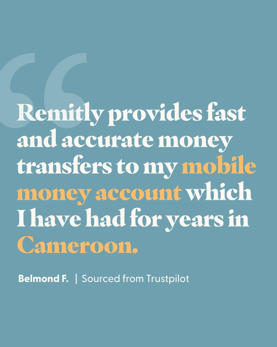 🇨🇲 A heartfelt thank you to Belmond F. for sharing their transfer experience to Cameroon with Remitly. 💙