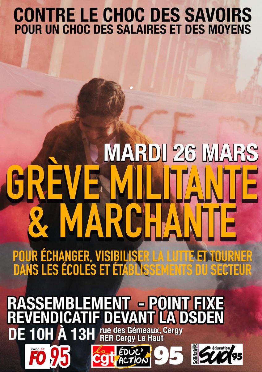 📣 Contre le #ChocDesSavoirs , Rassemblement devant la DSDEN de Cergy, mardi 26 mars!

Poursuivons la mobilisation pour un #ChocDesSalaires et un #ChocDesMoyens