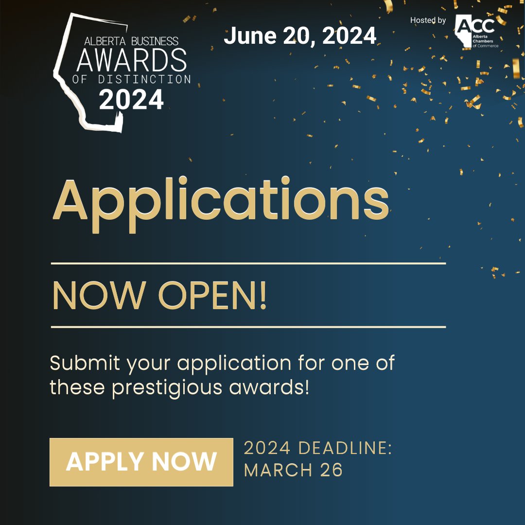 Nominated for the Alberta Business Awards? Don't let this opportunity pass you by! 🎯 Complete your application by March 26th to be considered for these prestigious awards. Your achievements deserve to be celebrated! abbusinessawards.com #abbiz #abchambers #accabad2024