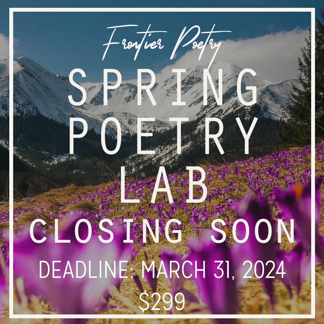 Closing soon: Our Spring Poetry Lab! Working on a chapbook? Want to know how editors evaluate your poems? Sign up, share up to ten pages of poetry, and get ready to grow as a writer. 😁✍️ Deadline: March 31, 2024, 11:59 PM Pacific Learn more: frontierpoetry.com/poetry-lab/