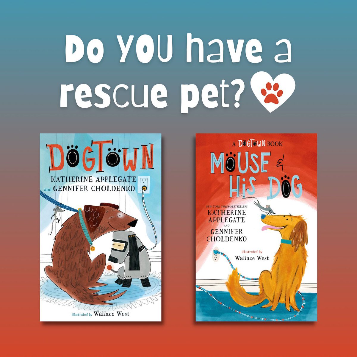 One reason <a href="/kaaauthor/">Katherine Applegate (kaaauthor.bsky.social)</a> and I wrote the Dogtown books was we wanted to talk about how many wonderful dogs (and cats) are in shelters and how easy it is to adopt!

<a href="/kaaauthor/">Katherine Applegate (kaaauthor.bsky.social)</a> has two shelter dogs, and I volunteer at <a href="/MarinHumane/">Marin Humane</a>.

Do you have a rescue pet? Tell us their name!