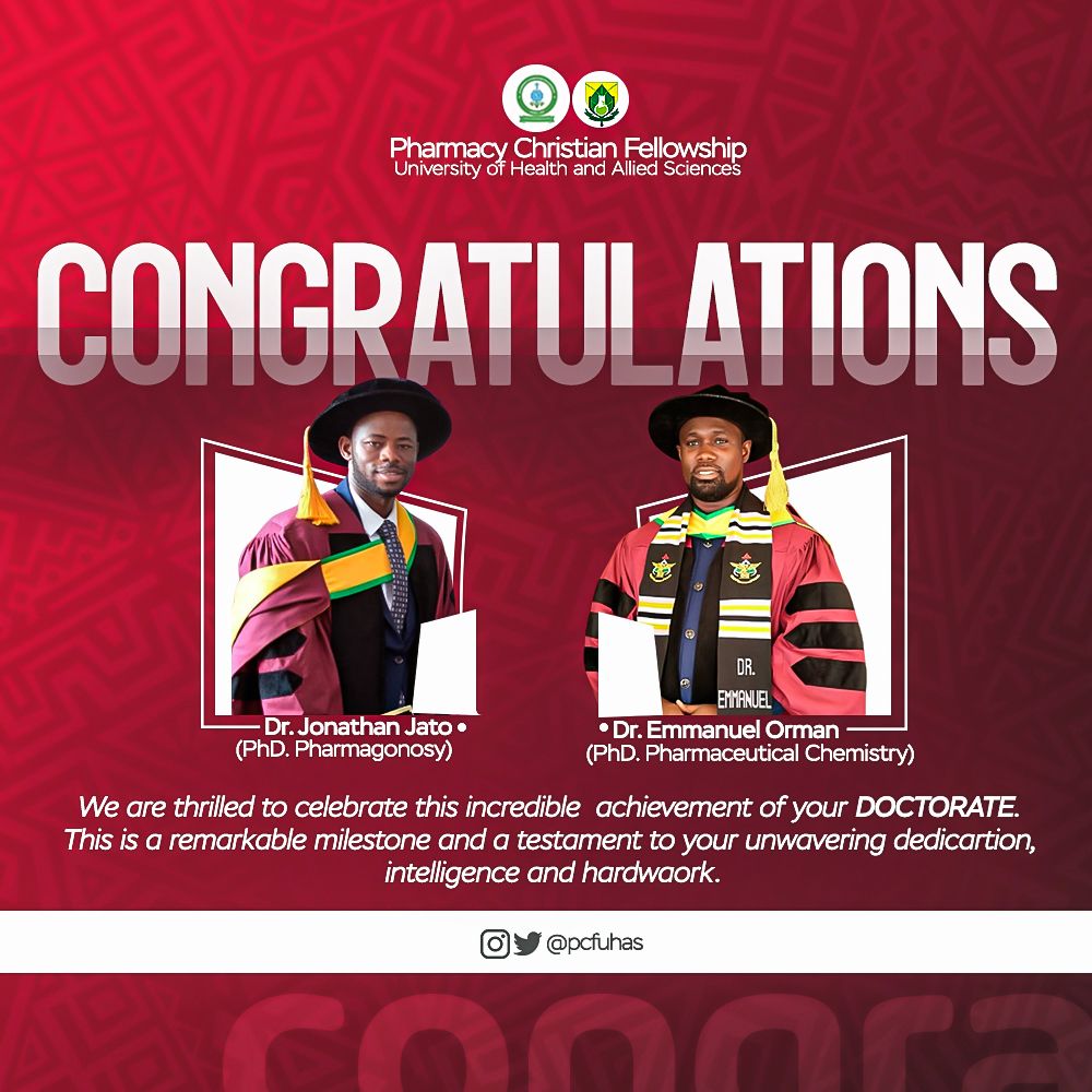 🥳🥳🎉🎉🎊🎊🍾🍾🥂🥂😌🎉 Today, we celebrate *Dr. Jonathan Jato* and *Dr. Emmanuel Orman* on their remarkable achievement. *GPSA UHAS*❤️ is so happy for you🥳 and can’t wait to see all the amazing things you’ll accomplish in this field 🎖️ @pcf_uhas