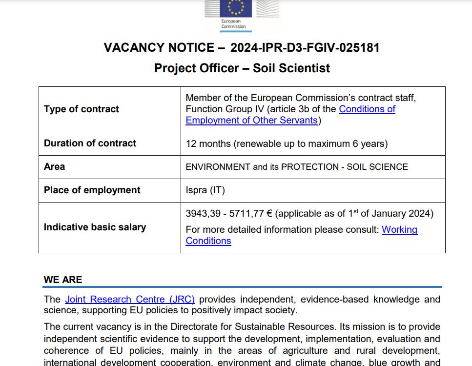 🎯EU Soil Observatory (#EUSO) is hiring! We look for a carbon modeller🎓 or biodiversity expert 🐛🪲 to work at large datasets in Africa🌍. Join the 🔝team in @EU_ScienceHub . Contract up to 6 six years. ⏲️deadline: 10.4.2024 . Apply: recruitment.jrc.ec.europa.eu/vacancy/402
