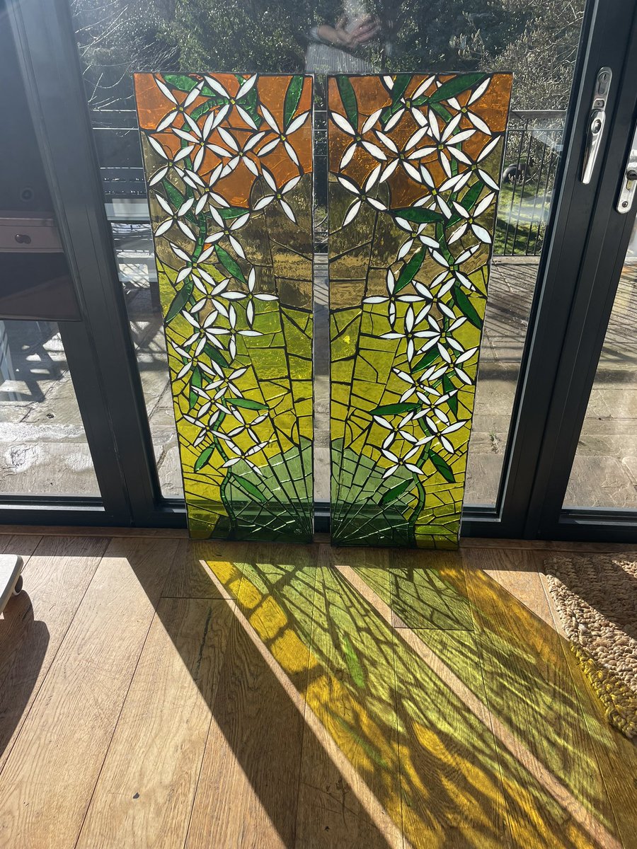 So I’m not producing magazines anymore… now I’m living best life as mosaic artist. Latest commission: climbing clematis windows for inner front door. #mosaic #window #glass #commission #clematis
