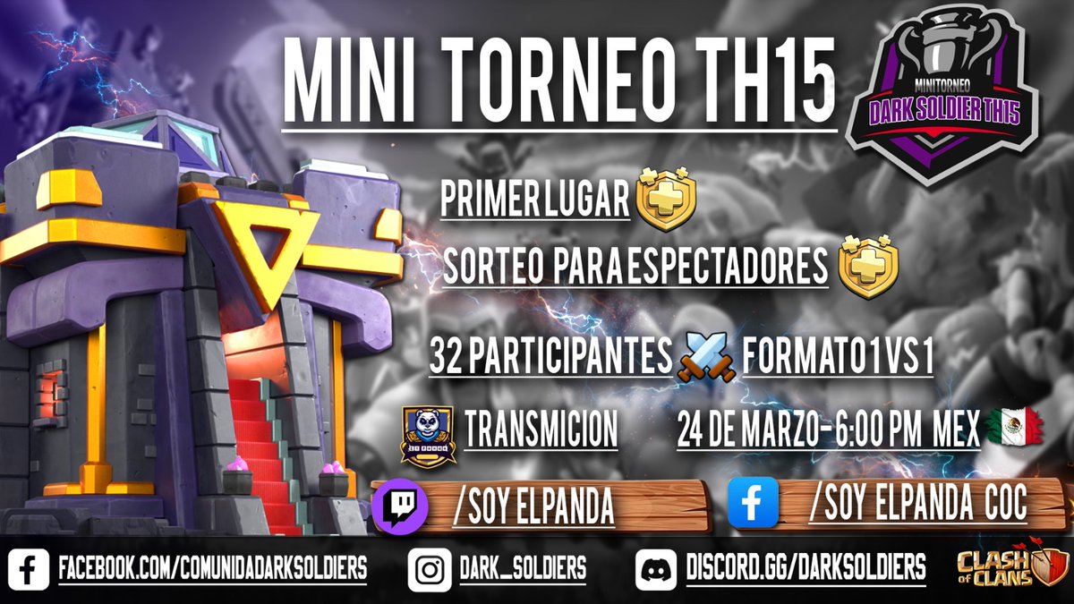 Soy El Panda COC (@soyelpandacoc) on Twitter photo 🔰Hoy Mini TH15
🔰 32 Participante
🔰Pase de oro Ganador
🔰Pase de oro Espectador
🔰1 vs 1
Organiza: <a href="/DsComunidad/">COMUNIDAD DARK SOLDIERS</a>
Trasmitiremos en:
🔵Facebook
🟣Twitch
Hora: 6:00p.m 🇲🇽
<a href="/ClashofClans/">Clash of Clans</a>
<a href="/supercell/">Supercell</a>
Registrate y Mantente informado.
Grupo de Torneo TH15
chat.whatsapp.com/DmKHL4o4S5EAYZ… 🔰Hoy Mini TH15
🔰 32 Participante
🔰Pase de oro Ganador
🔰Pase de oro Espectador
🔰1 vs 1
Organiza: <a href="/DsComunidad/">COMUNIDAD DARK SOLDIERS</a>
Trasmitiremos en:
🔵Facebook
🟣Twitch
Hora: 6:00p.m 🇲🇽
<a href="/ClashofClans/">Clash of Clans</a>
<a href="/supercell/">Supercell</a>
Registrate y Mantente informado.
Grupo de Torneo TH15
chat.whatsapp.com/DmKHL4o4S5EAYZ…