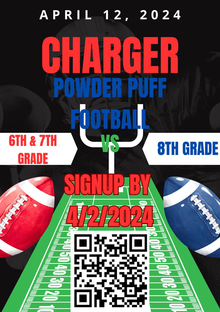 Going down April 12th @ 3:30, 1st ever Charger Powder Puff Football game! 6/7th grade vs 8th grade. Signups end April 2nd (new date). Participants are chosen at random. We also need some boys to signup to cheer our girls on. Coach Frye will be helping our boy cheer squad.