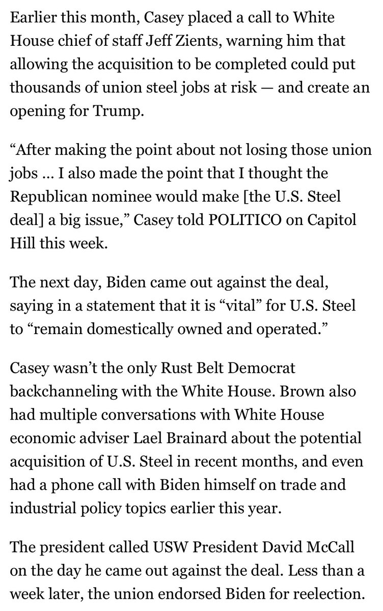 Biden admin huddled with Sens. Casey, Brown before coming out against US Steel sale to Japanese rival It’s just the latest example of Rust Belt concerns — and fear of Trump — guiding the admin’s protectionist policies In the latest POLITICO NIGHTLY newsletter: