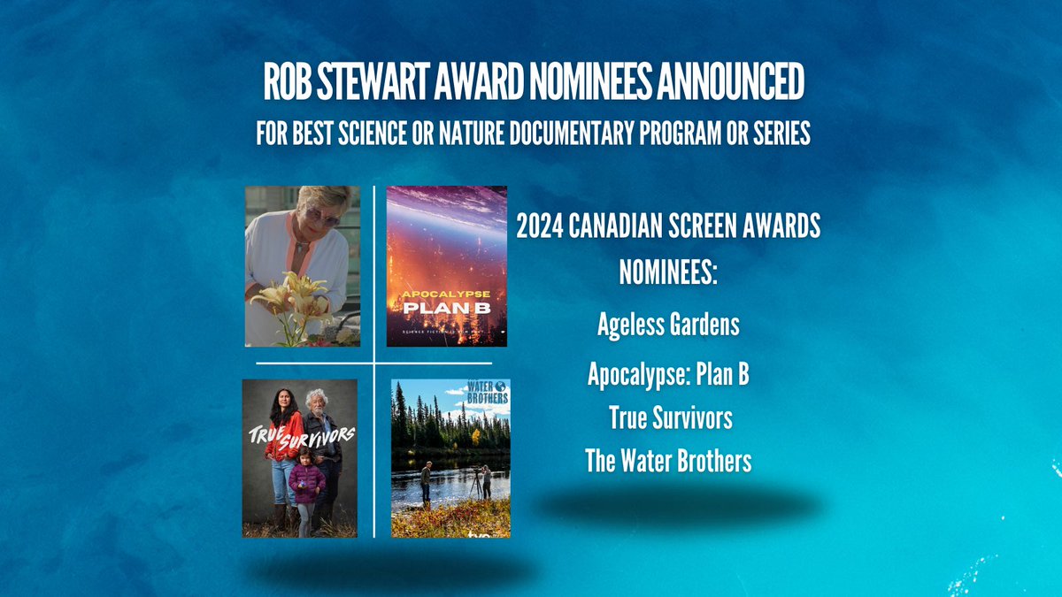🏆🇨🇦🎬Nominations are in for the 2024 Rob Stewart Award for Best Science or Nature Doc @TheCdnAcademy. Congrats to the Water Brothers, True Survivors, Apocalypse Plan B and Ageless Gardens. #robstewart #sharkwater