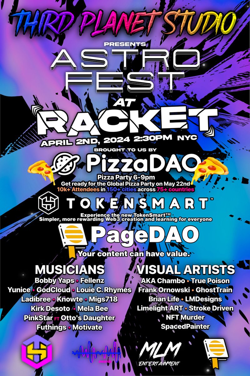 🚀 Join us on April 2nd for ASTRO FEST 2024, as Third Planet Studio kicks off the week of NFT.NYC, with partners @Pizza_DAO @thewavyawards @nftsmart and @page_dao 🎉 Free admission! Enjoy 10+ hours of live music, Live Painting, Networking, Audio Visual